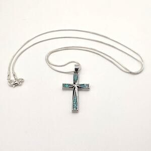 925 Silver Necklace w/ Turquoise Cross Christian Native Pendant Valentines NEW